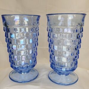 2 Indiana Whitehall Cubist Blue Footed Glass‎ Tumbler Iced Tea Diamond Glasses